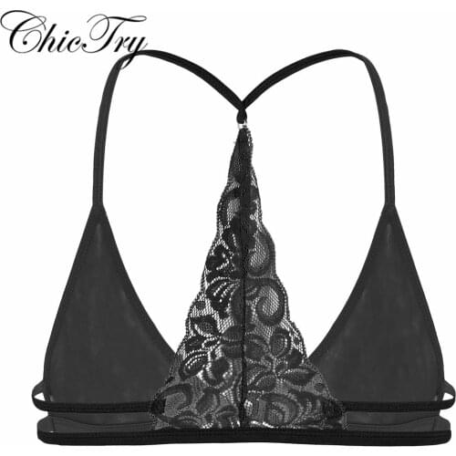 Male Mens Sissy Lingerie Mesh See Through Sheer Lace Y-shape Back Wire-free Unlined Triangle Bralette Bra Top Nightwear