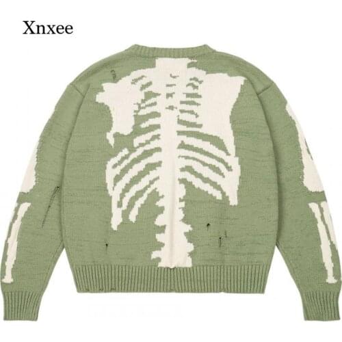 Mens Hip hop Sweater Skeleton Bone Printing Oversized Woman High Quality Streetwear Damage Hole Vintage Punk Knitted Pullover