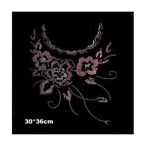 2pcs/lot Elegant red flower neckline hot fix rhinestones iron on transfers motif rhinestones fix patches for sweater