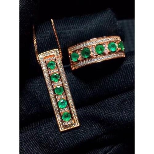 Natural green emerald Ring Pendant Natural Gemstone Jewelry Set S925 Silver elegant Love array geometry girl party gift jewelry