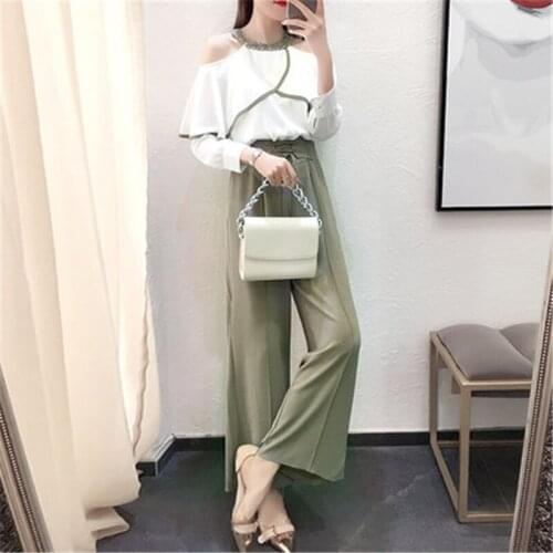 Newest Fashion Women 2 Piece Set Top and Wide Leg Pants Popular Spring Summer Elegant Bare Shoulder Blouses LWL401