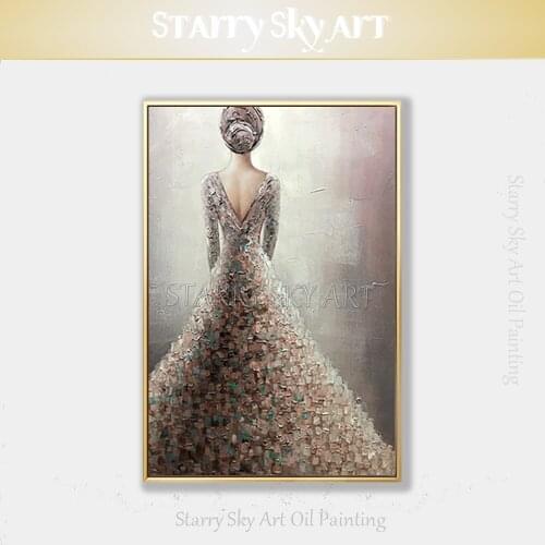 Pop Fine Art Hand-painted Abstract Modern Lady with Long Dress Figure Oil Painting on Canvas Textured Knife Dress Oil Painting
