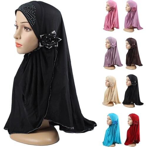 Ramadan Women Amira Hijab Muslim Flower Cap Scarf Rhinestone Turban Instant Headwear Islamic Prayer Headscarf Wrap Middle East