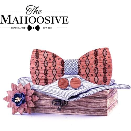 Christmas gift for men Wooden bow tie for Mens design necktie neckwear cufflinks handkerchief with gift box
