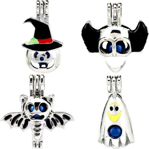 Halloween Theme Cages 4pcs Enamel Ghost Bat Vampire Witch Hat Skull Essential Oil Diffuser Aroma Locket