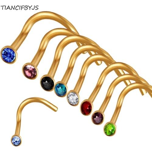 TIANCIFBYJS Stainless Steel Nostril Piercing Earrings Ring Crystal Silver Gold Nose Screw Twist Studs Set Wholesale Body Jewelry