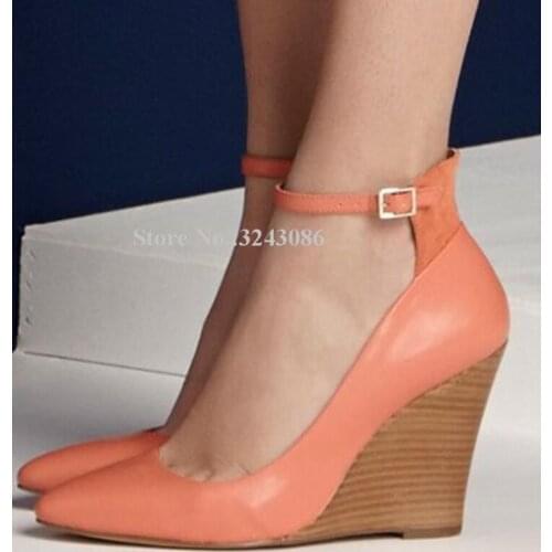 Fashion Orange Leather Wedge Pumps Lady New Patchwork Ankle Buckle Wedge Shoes Women Sweet Single Shoes Real Photos Dropship