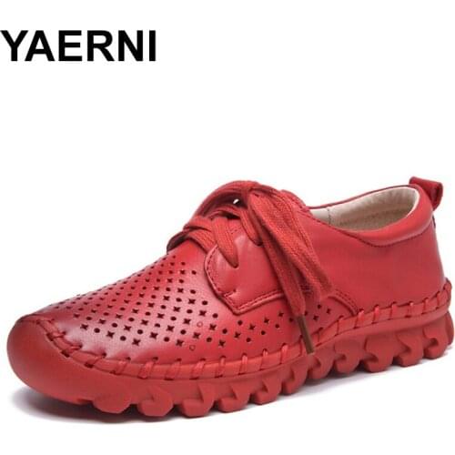 YAERNI Handmade women shoes genuine leather flat lacing hollow shoes woman moccasins soft summer autumn casual shoes women flat