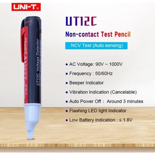 UNI-T UT12C AC Voltage Detector Non-contact Voltage Pen Tester 90V-1000V 50/60Hz Auto Power Off Beeper Vibrating Indicator