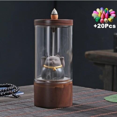 Lucky Cat Windproof Backflow Incense Burner Acrylic Protective Cover Ceramic Smoke Waterfall Incense Holder Cute Cat Tea Pet