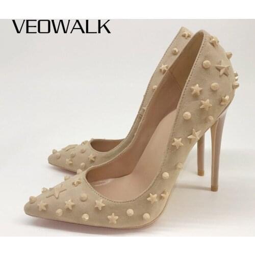 Veowalk Starry Rivets Women Suede Pointy Toe Stilettos High Heels Sexy Ladies Flock Spikes Party Pumps Fashion Dress Shoes
