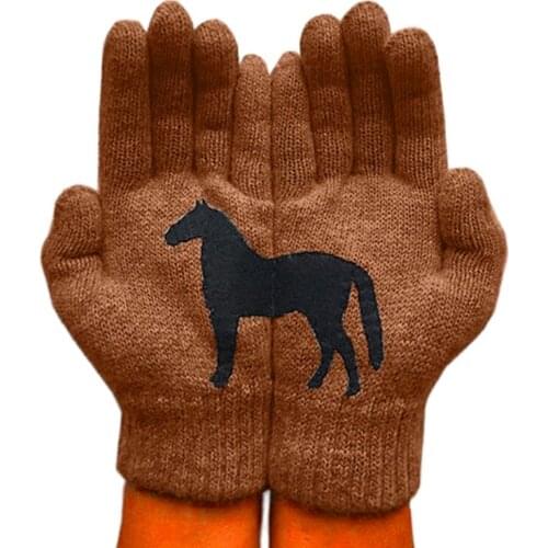 40GC Women Winter Thick Warm Knitted Full Fingered Gloves Funny Black Horse Irregular Patchwork Palm Elastic Outdoor Mittens