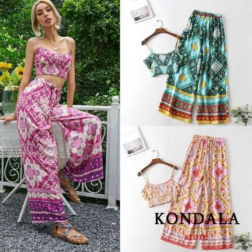 Za 2021 Boho Women Sets Two Pieces Sexy Geometric Print Short Cami Tanks Women and High Waist Elastic Wide Leg Pants Women Suits