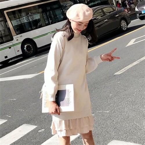 Thick Sweater Women Dress Ruffled Patchwork Mid-Length Knit Vestido Autumn Winter Loose Elegant O-Neck Pullover Femme Robe W022