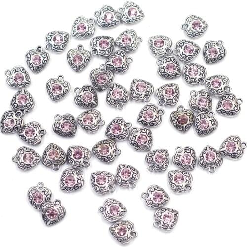 10Pcs Pendants Love Valentines Day Love Heart Shape Pink Rhinestone Silver Tone Jewelry DIY Making Finding Charm 12x10mm