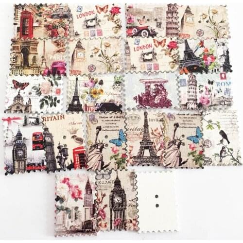 20PCS 34X24mm Rectangle Retro Wooden Painted Iron Tower Style Postcard Button DIY Crafts Scrapbooking For Sewing Accessories