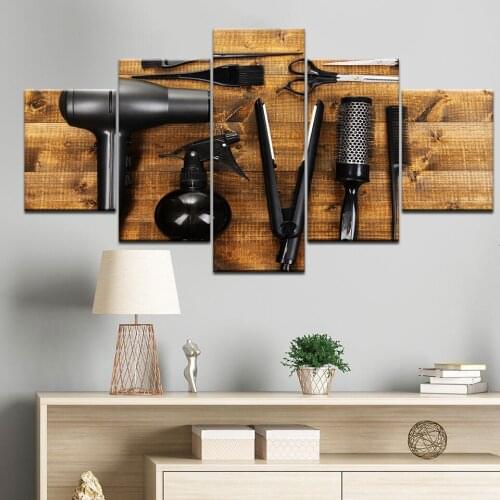 Canvas Wall Art Pictures Home Decor 5 Piece Hairdressing Tools Scissors Comb Painting Print Barbershop Beauty Salon Poster Frame