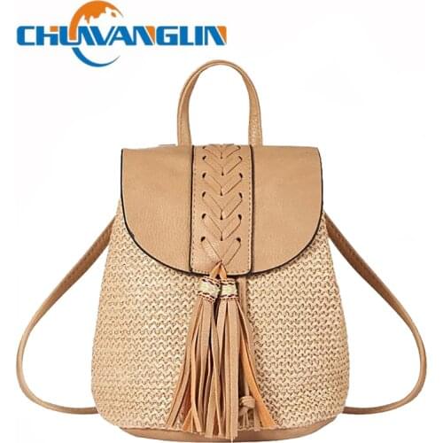 Chuwanglin Fashion Travel Straw Bag Bohemia Tassel Backpack For Women Summer Solid Handmade Woven Teenager Shoulder Bag 5201546