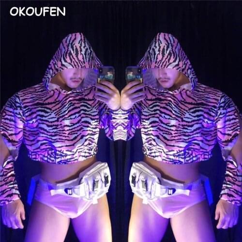 Fashion new Male Hooded Leopard Hip Hop Loose sweater set Nightclub Stage Wear Bar DJ Singer Dancer Performance Dance Costume