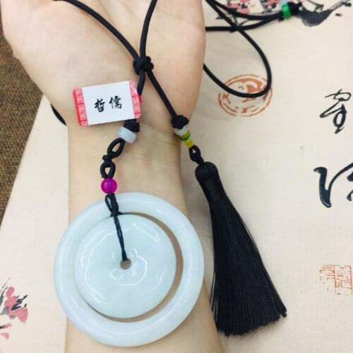 Natural Burmese Emerald Jade Carved Openwork Sweet Buckle Pendant with Hand-knitted Tassel Necklace Mens Womens Sweater Chain