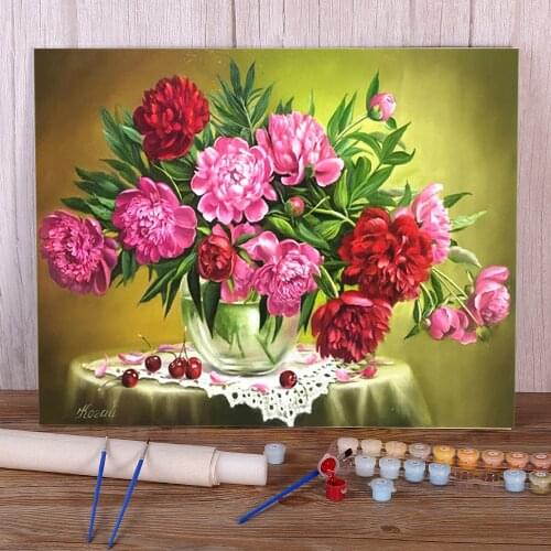 Peony Flowers House Coloring By Numbers Painting Complete Kit Acrylic Paints 40*50 Canvas Painting Handmade Kids Handiwork