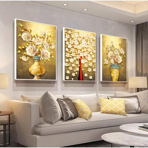 Deer and Gold Rose Flower Tree Artwork Modern Posters Prints Abstract Paintings Nordic Style Wall Picture for Living Room Decal
