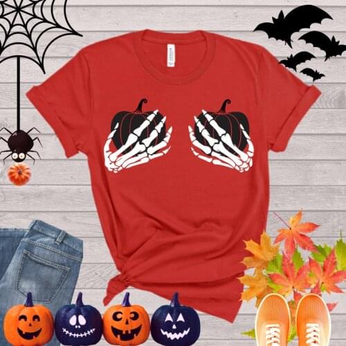 Skeleton Hands Shirt Funny Halloween Happy Party Trick or Treat Hand Bra Shirt Short Sleeve 100% Cotton Top Tee O Neck Unisex