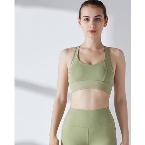 Female yoga clothes net yarn stitching breathable wicking sports bra United States back running tight-fitting workout clothes