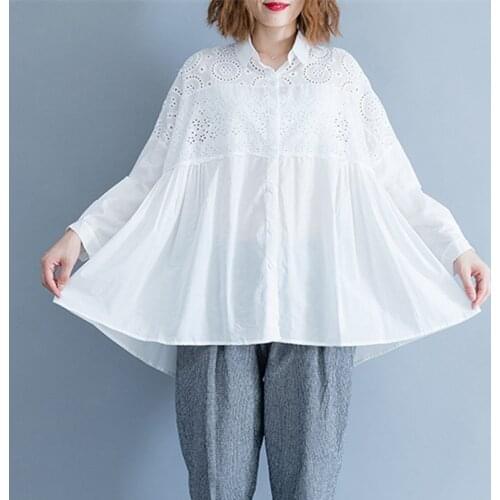 Johnature Spring New Hollow Out Embroidery Women Tops 2021 Plus Size Solid Color Loose Korean White Turn-down Collar Shirts