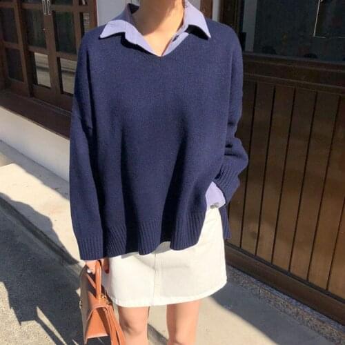 Spring And Autumn Womens Casual V-neck Pullover Knitted Long Sleeve Sweater Female Solid Color Jumpers