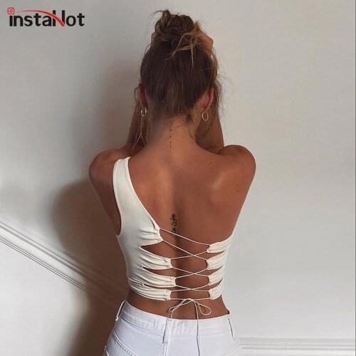 InstaHot criss cross one shoulder camis tops women 2020 backless summer tank tops sexy streetwear hollow out biker 2020 bandage