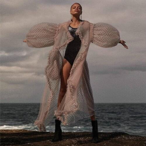 2019 Fashion Women Irregular Dot Print Mesh Long Coat Ladies V Neck Large Lantern Sleeve Perspective Loose Summer coat Outwear