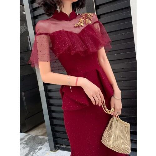 New wine long mermaid high collar ruffles lady girl women princess prom banquet party dress gown free shipping