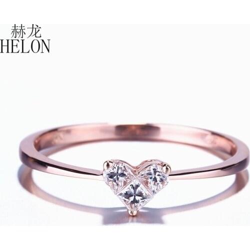 HELON Heart Shape Three Natural SI/H Diamonds Solid 14K Solid Rose Gold Engagement Wedding Women Jewelry Ring Invisible Setting