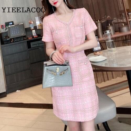 Small fragrant wind Tweed Pink Dress for Women Summer 2021 New Light Luxury Socialite Temperament Slim Fit Elegant Dress