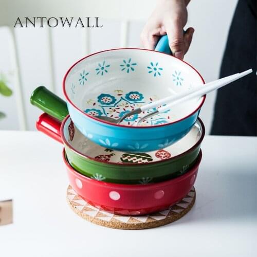 ANTOWALL 8 inch handle risotto rice bowl with handle ceramic baking bowl handpainted fruit salad instant noodle soup bowl