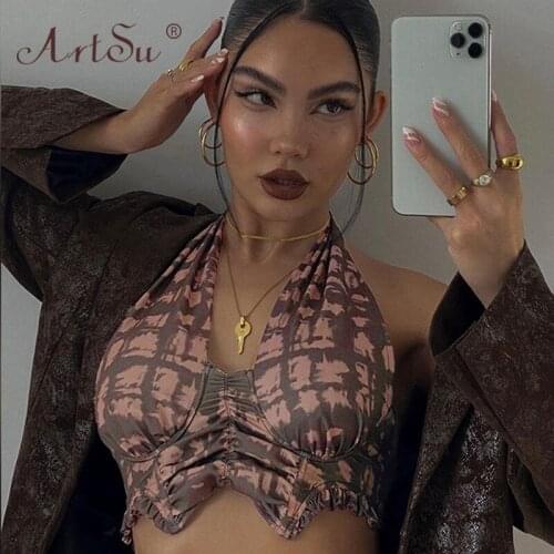 ArtSu Brown Vintage Floral Print E Girl Tank Top Y2K Slim Deep V-Neck Female Backless Ruched Halter Crop Tops Summer Sexy