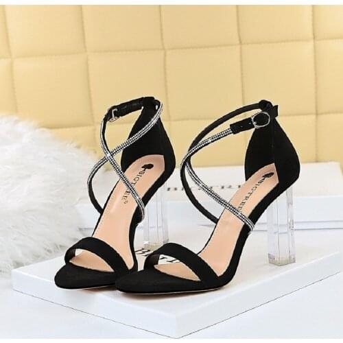 Fashion Sexy Summer Womens Shoes Transparent Crystal with High Heel Open Toe Rhinestone Cross Strap Sandals Black Shoes