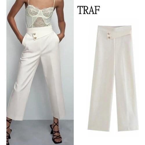 TRAF Women Pant Za 2021 Autumn Buttons White Pants Women High Waist Leg Width Pants Loose Elegant Woman Trouser Suits Pocket