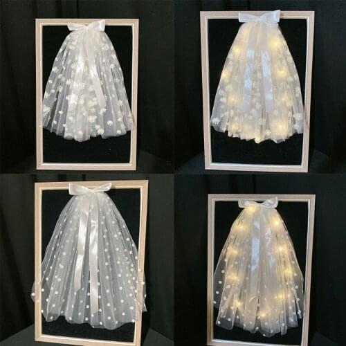 Double Layer Veil Bridal Headpiece with LED Light Lace Veil Ribbon Bows Headwear Dot Flower Decor Photo Prop Accessories