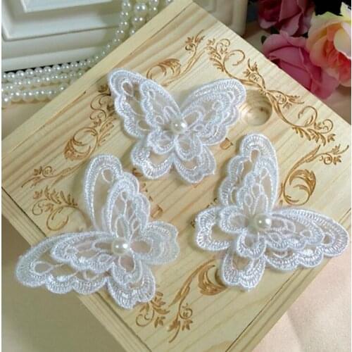 20 Pcs Embroidery 2Layers Wedding Dress Decorative Lace Fabric Applique 6.5*5.5cm Pretty Organza Butterfly Lace Patch With Pearl