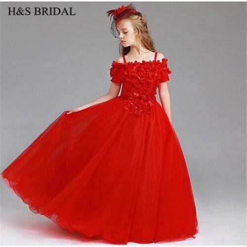 H&S BRIDAL Flower Girl dress red short sleeves girls pageant dress kids prom gown 2020 vestido de daminha
