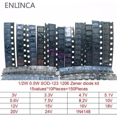 150Pieces 15 values Zener diode kit SOD-123 1206 SOD-323 0.5W Zener diode SMD package 15values*10pcs 3V 3.3V 4.7V 5.1V 5.6V 7.5V