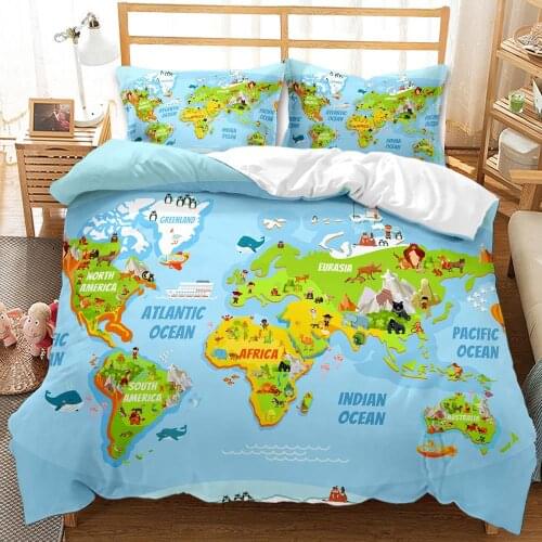 Interesting World Map Duvet Cover 3pcs Quilt Cover Bedding Set Queen King Comforter Cover Single Double Bedclothes for Kids Gift