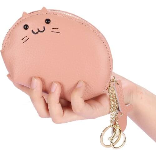 Creative Genuine Leather Womens Wallet for Key Chain Simplicity Cat Cartoon Pattern Purse Mini Cute Coin Bag