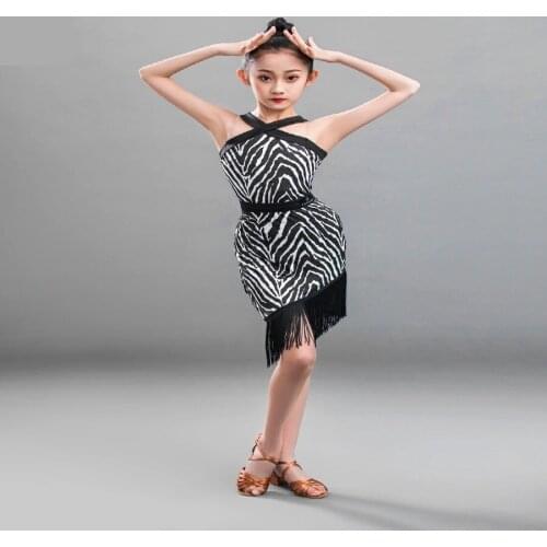 Summer Children Girl Latin Dance Dress Tassel Sling Zebra Pattern Dress Suit Girls Competition Professional Performance Costumes