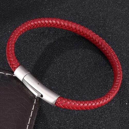 Fashion 6mm Red Leather Braided Bracelets Unisex Simple Jewelry Stainless Steel Snaps Accessories Weave Bangles Gifts S0463