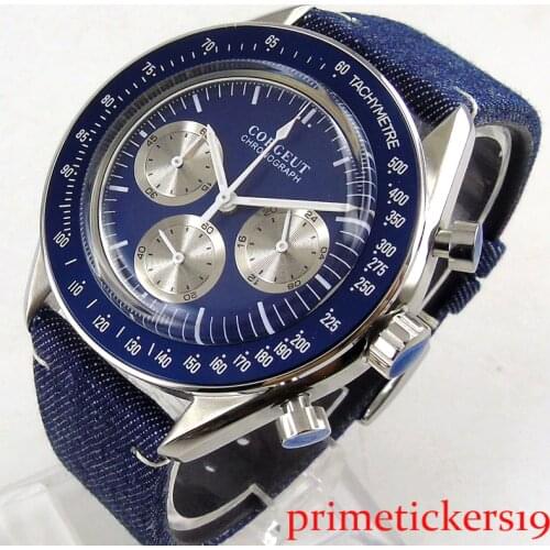 New arrival 40mm corgeut blue dial 24 hours quartz full chronograph mens watch leather strap 177B