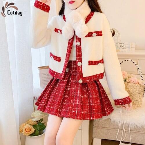 Cotday Single Breasted Celebrity 2021 New Style Suit Two Piece Set Thick Girlish Womens Winter Red Tweed Jacket And For Dress