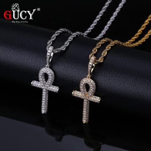 GUCY Hip Hop Solid Ankh Cross Pendant Necklace Iced Out Micro Pave CZ Stones Necklaces for Men Women With Tennis Chain